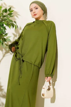 Tunic with Drawstring and Skirt Set Green wholesale clothing set view 2 - Hicabistan Turkey factory