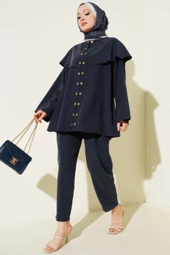 Snap Button Cloak with Modal Two-Piece Set Navy Blue
