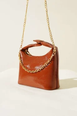 Snap Handle Chain Strap Patent Bag Tan