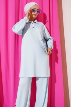 Button-Down Shirt Collar Two-Piece Set Baby Blue بالجملة clothing set view 2 - Hicabistan مصنع تركيا
