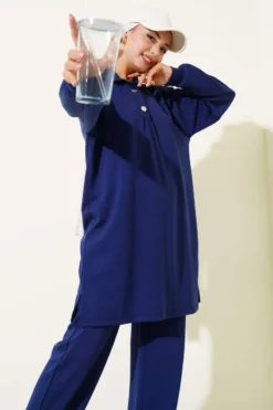 Button-Down Shirt Collar Two-Piece Set Navy Blue بالجملة clothing set view 2 - Hicabistan مصنع تركيا