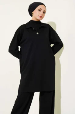 Button-Down Shirt Collar Two-Piece Set Black بالجملة clothing set view 2 - Hicabistan مصنع تركيا