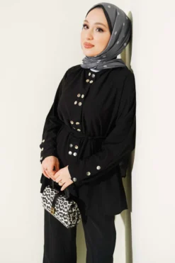 Alternative view of Snap Button Belted Two-Piece Set Black