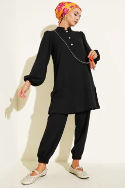 Stone Button Two-Piece Set Black