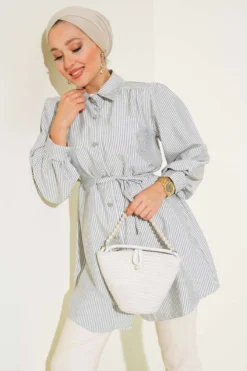 Stone Button Striped Shirt Grey