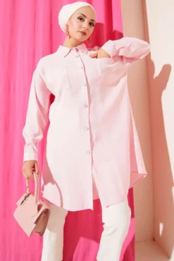 Long Tunic with Stone Buttons Pink