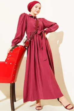 Stone Button Side Tied Dress Burgundy groothandel dress - Hicabistan Turkije fabriek