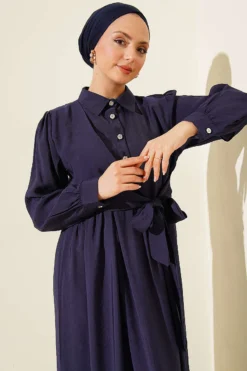 Stone Button Side Tied Dress Navy Blue groothandel dress view 2 - Hicabistan Turkije fabriek