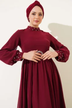 Alternative view of Stone Detail Belted Chiffon Dress Burgundy