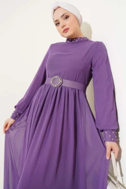 Alternative view of Stone Detail Belted Chiffon Dress Lilac