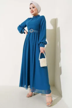 Stone Detail Belted Chiffon Dress Petrol