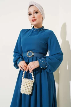 Alternative view of Stone Detail Belted Chiffon Dress Petrol
