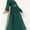 Stone Detail Belted Chiffon Dress Emerald