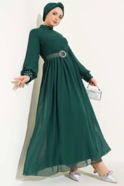 Stone Detail Belted Chiffon Dress Emerald