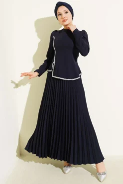 Pleated Skirt Two-Piece Set Navy Blue