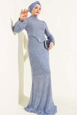 Stone Embellished Evening Outfit Blue
