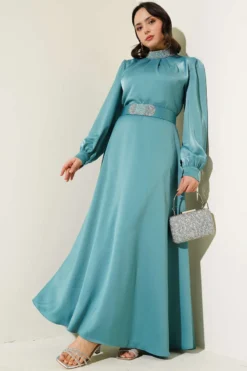 Embellished Satin Evening Dress Mint
