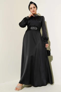 Embellished Satin Evening Dress Black