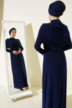 Stone Embellished Cross Neck Sandy Evening Dress Navy Blue wholesale dress - Hicabistan Turkey factory