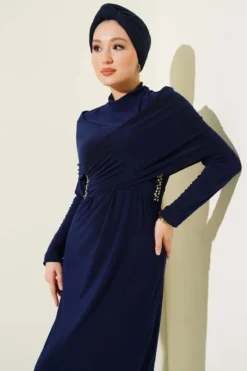Stone Embellished Cross Neck Sandy Evening Dress Navy Blue wholesale dress view 2 - Hicabistan Turkey factory
