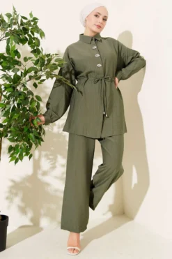 Stone-Embellished Tunic Set Khaki