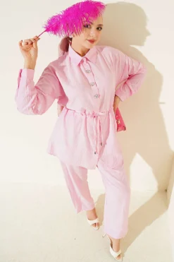 Stone-Embellished Tunic Set Pink