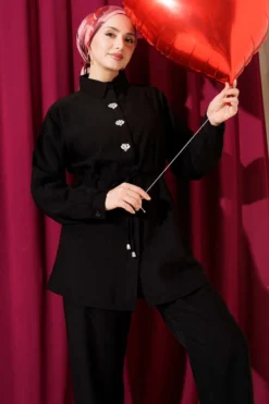 Alternative view of Stone-Embellished Tunic Set Black
