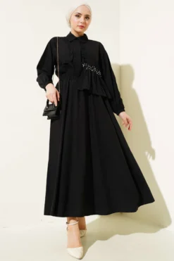 Embellished Ruffled Skirt Two-Piece Set Black wholesale clothing set - Hicabistan Turkey factory