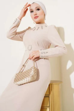 Alternative view of Dress with Stone Buckle Belt Beige