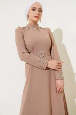 Alternative view of Dress with Stone Buckle Belt Camel