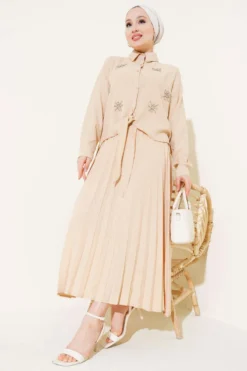 Beaded Front Tied Skirt Set Beige