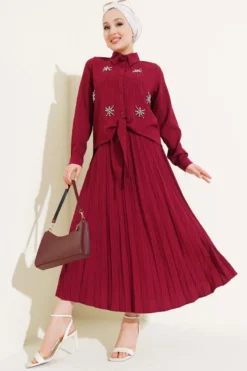 Beaded Front Tied Skirt Set Burgundy