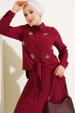 Alternative view of Beaded Front Tied Skirt Set Burgundy