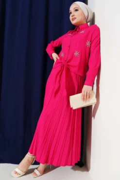 Beaded Front Tied Skirt Set Fuchsia
