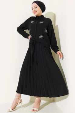 Beaded Front Tied Skirt Set Black