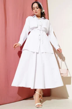 Stone-Embellished Cape Skirt Two-Piece Set White