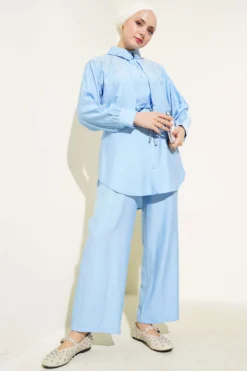 Stone-Embellished Cape Set Blue