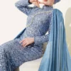 Embellished Cape Evening Dress Indigo Großhandel dress view 2 - Hicabistan Türkei Fabrik