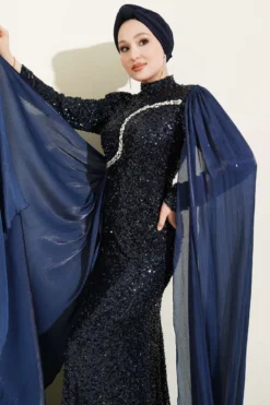 Embellished Cape Evening Dress Navy Blue wholesale dress view 2 - Hicabistan Turkey factory
