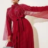Embellished Tulle Cape Abaya Burgundy all'ingrosso dress view 2 - Hicabistan fabbrica Turchia