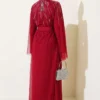 Embellished Tulle Cape Abaya Burgundy all'ingrosso dress view 3 - Hicabistan fabbrica Turchia