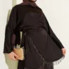 Satin Skirt Set with Stone Tassels Brown بالجملة clothing set - Hicabistan مصنع تركيا