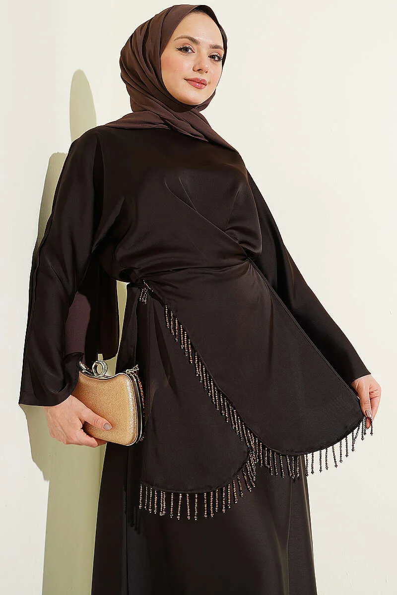 Satin Skirt Set with Stone Tassels Brown wholesale clothing set - Hicabistan Turkey factory