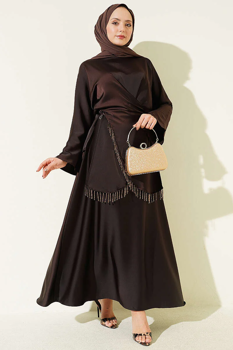 Satin Skirt Set with Stone Tassels Brown wholesale clothing set view 2 - Hicabistan Turkey factory