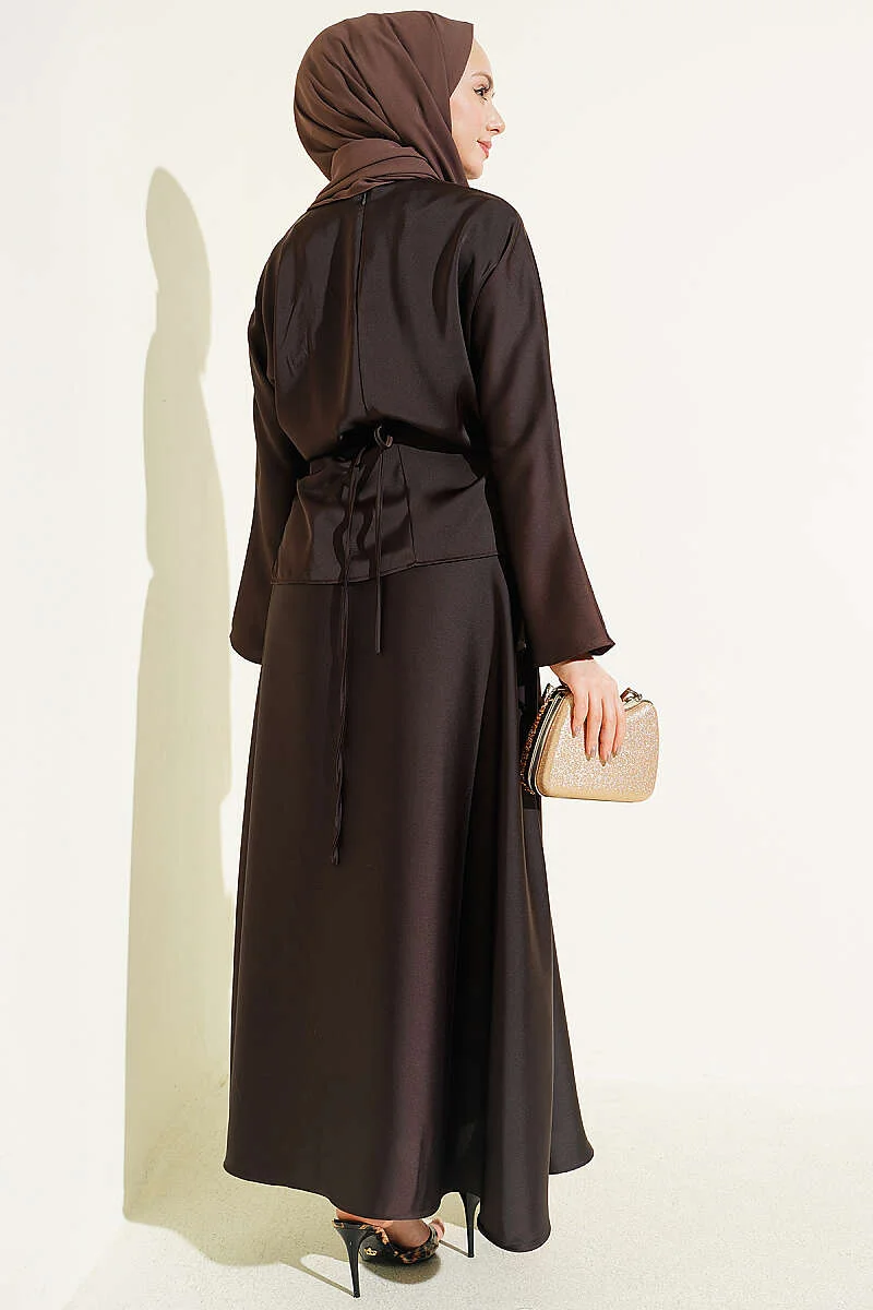 Satin Skirt Set with Stone Tassels Brown wholesale clothing set view 3 - Hicabistan Turkey factory