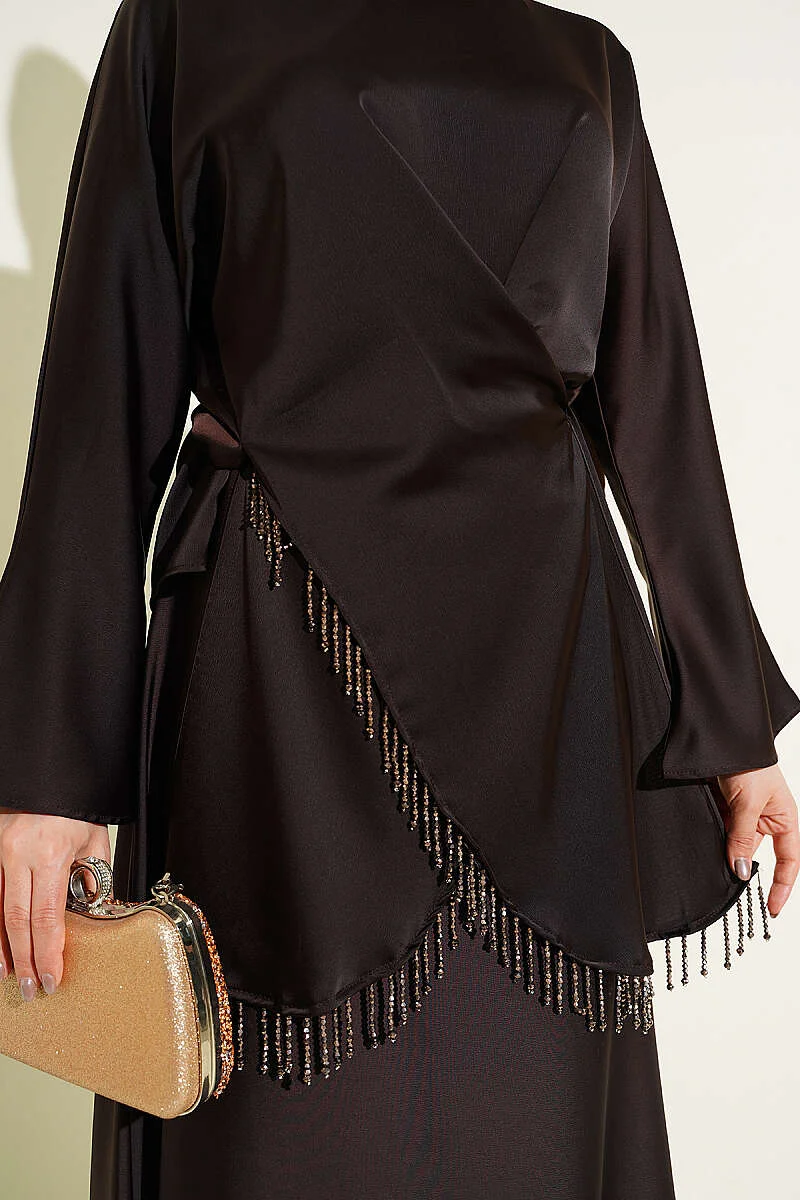 Satin Skirt Set with Stone Tassels Brown wholesale clothing set view 4 - Hicabistan Turkey factory