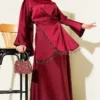 Satin Skirt Set with Stone Tassels Burgundy wholesale clothing set - Hicabistan Turkey factory