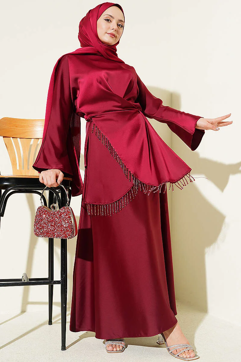 Satin Skirt Set with Stone Tassels Burgundy all'ingrosso clothing set - Hicabistan fabbrica Turchia