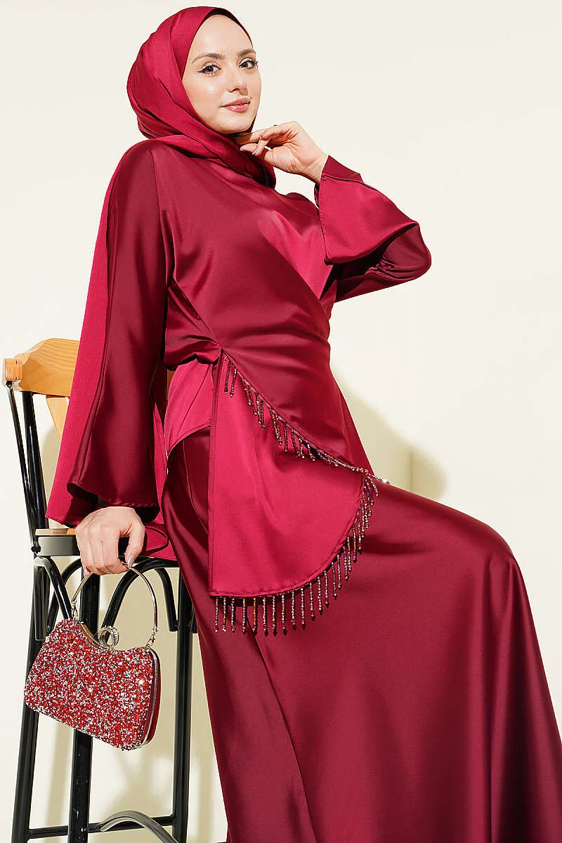Satin Skirt Set with Stone Tassels Burgundy all'ingrosso clothing set view 2 - Hicabistan fabbrica Turchia