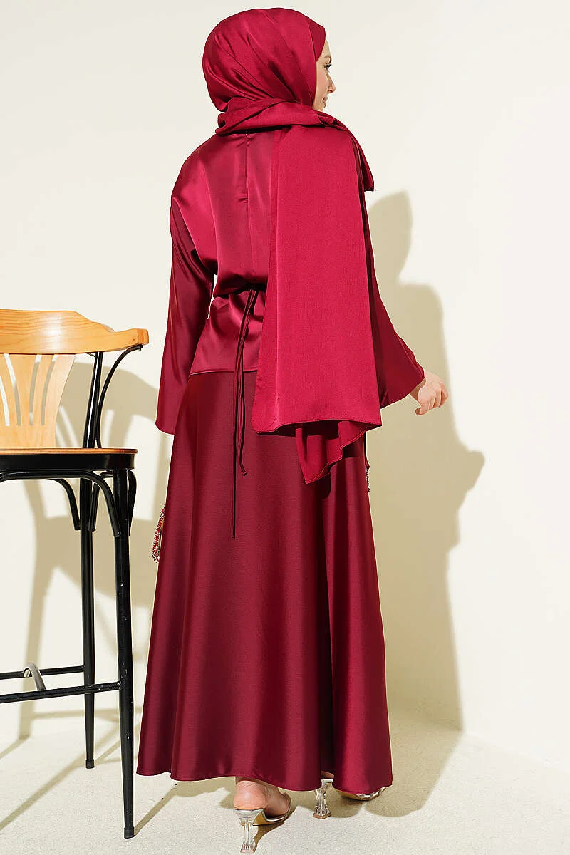 Satin Skirt Set with Stone Tassels Burgundy all'ingrosso clothing set view 3 - Hicabistan fabbrica Turchia